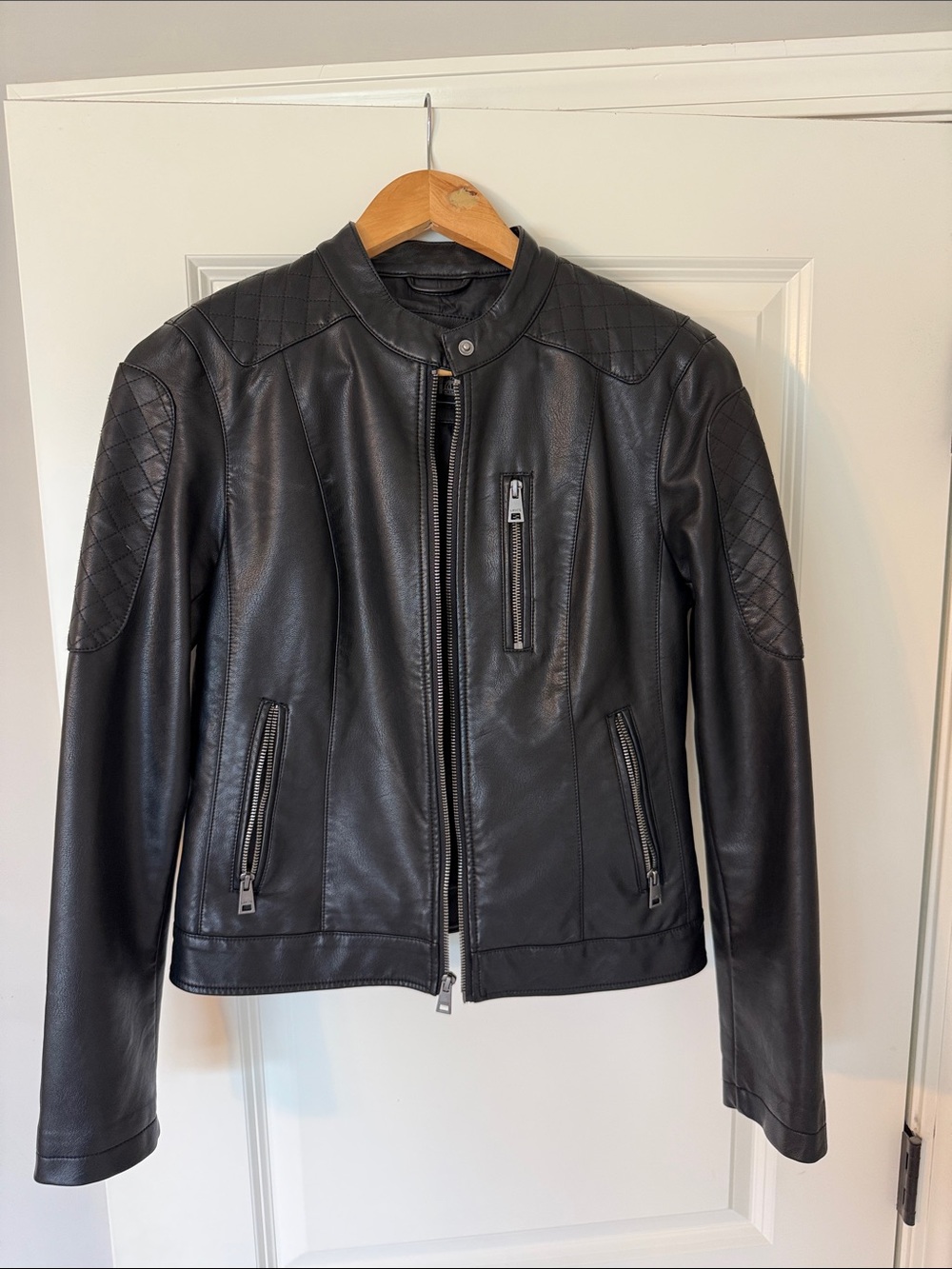 Women's Black Quilted-Shoulder Leather Moto Jacket